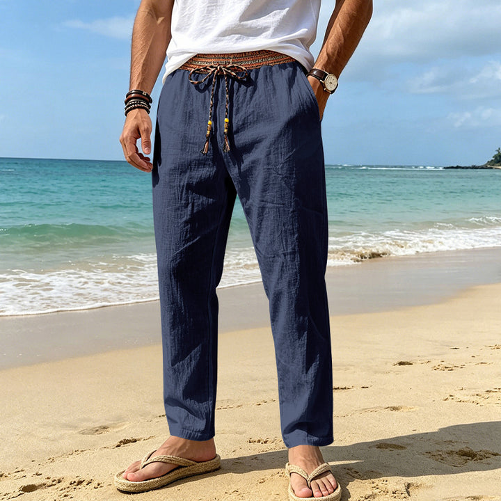 Men's Linen Look Casual Trousers with Embroidered Drawstring Waistband and Drawstring