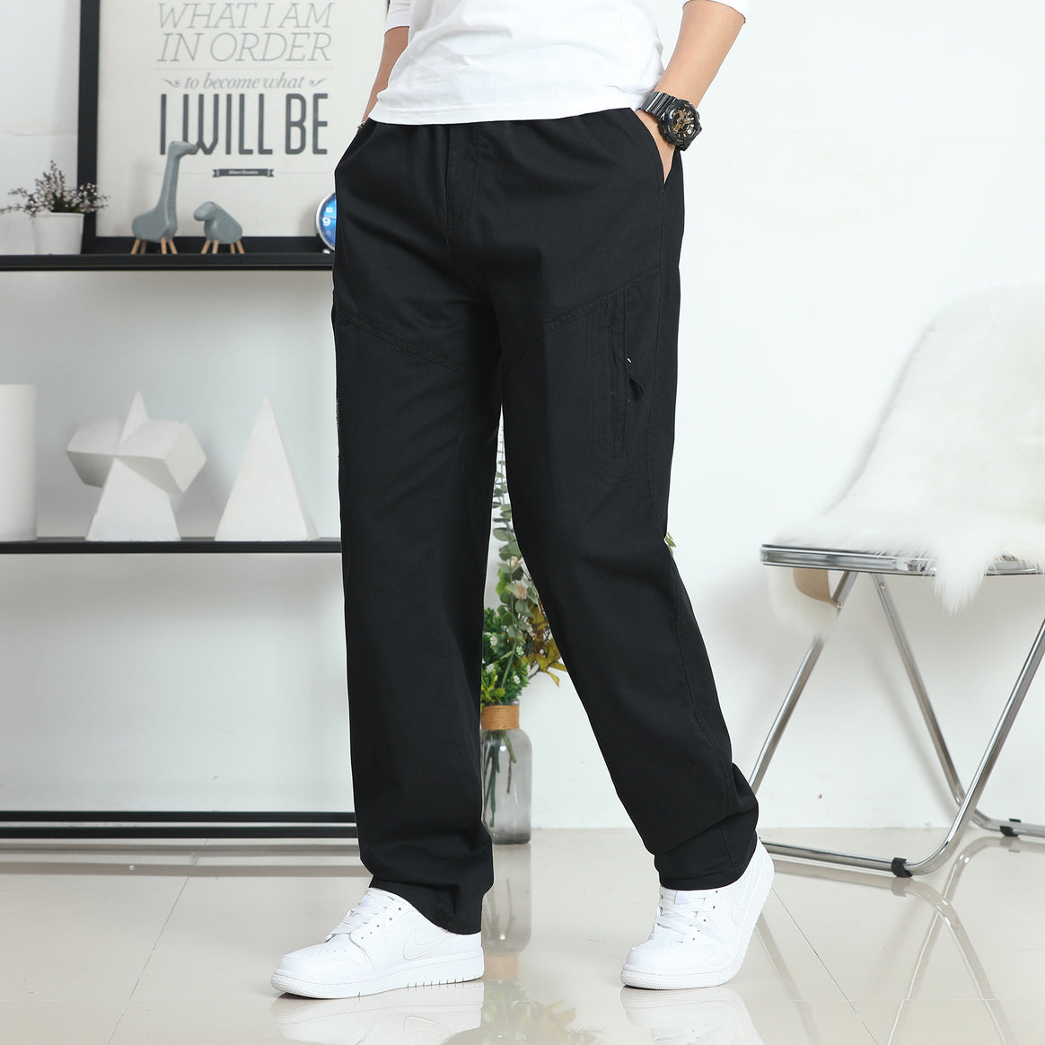 Men's Wide Utility Cargo Pants with Elastic Waistband, Side Zipper Pocket & Pre-Shaped Knee Inserts Mune Fashion