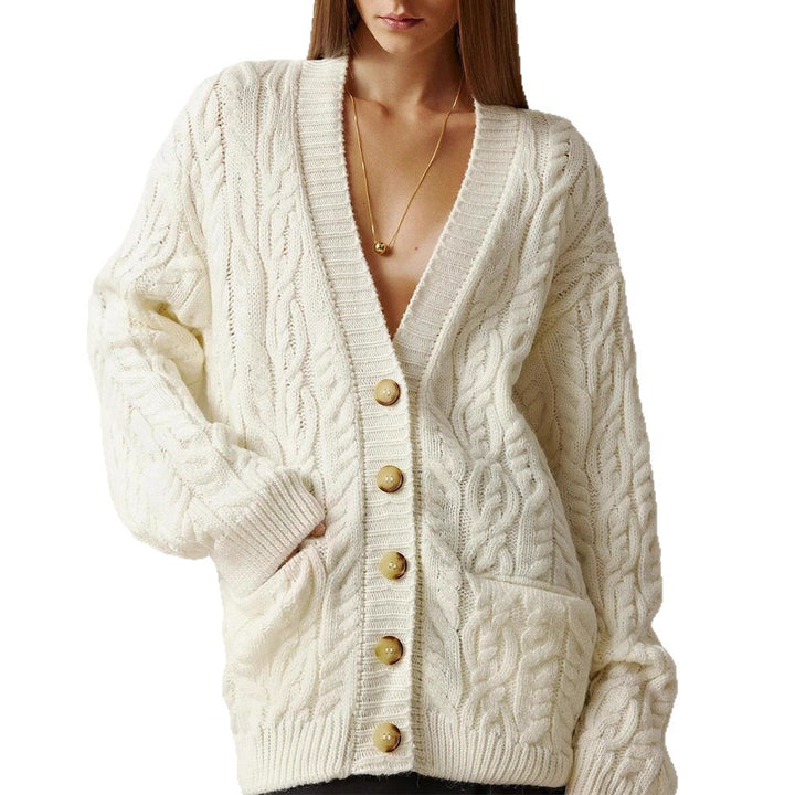Women Oversize Cable Knit Cardigan with V-Neck and Patch Pockets Mune Fashion