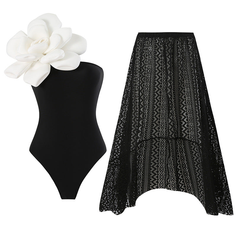 Women's swimsuit with floral accents and casual lace skirt Mune Fashion