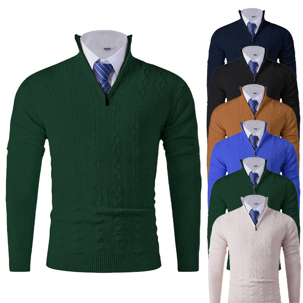 Men's Elegant Fine Knit Half-Zip Sweater with Cable Pattern and Stand-Up Collar Mune Fashion