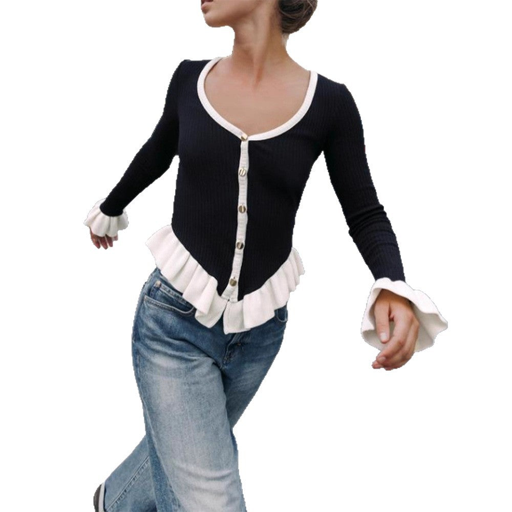 Ladies Ribbed Cardigan with Flounce Hem, Decorative Buttons and Ruffled Cuffs Mune Fashion
