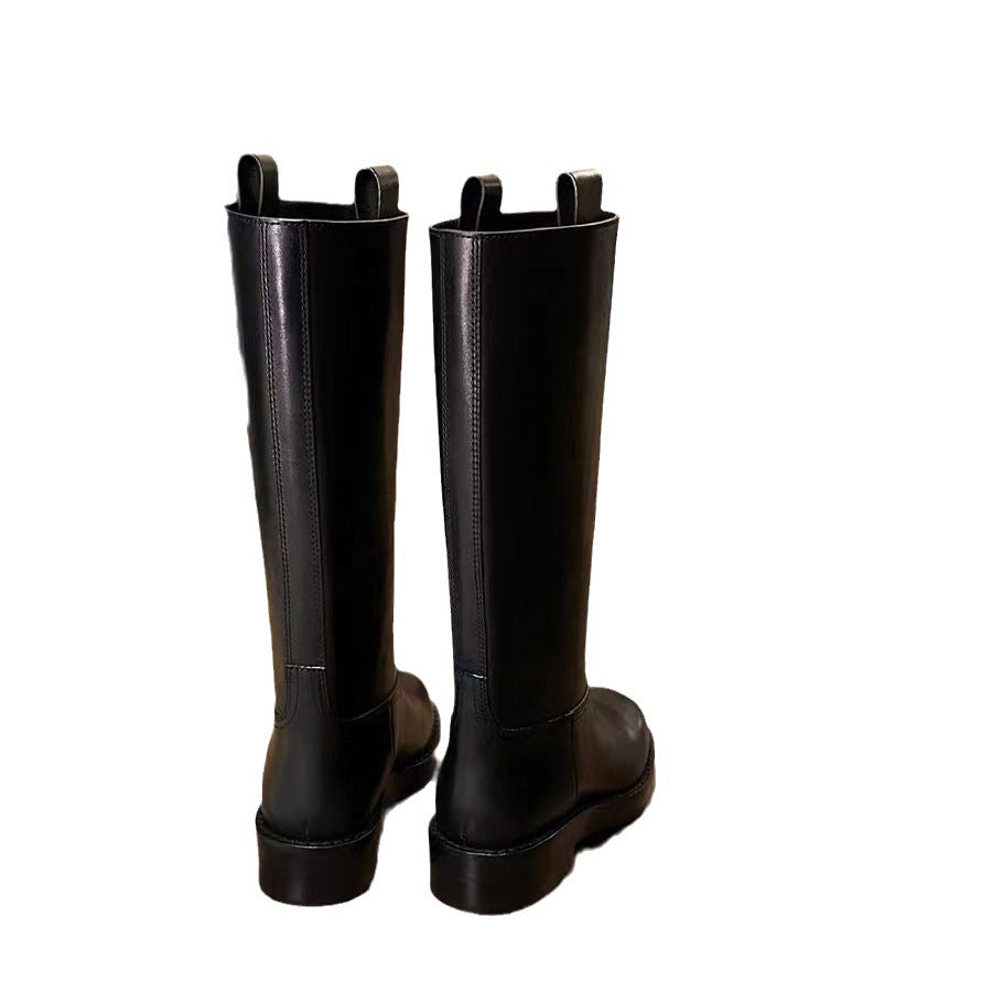 Ladies Knee-High Smooth Leather Boots with Round Toe and Robust Platform Sole Mune Fashion