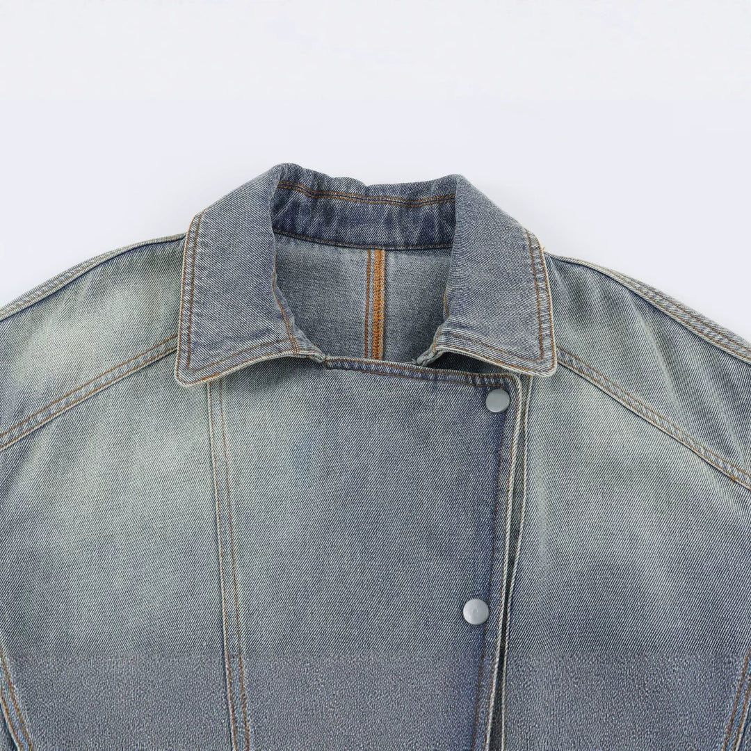 Women's denim jacket with belted waist and asymmetric snap button placket Mune Fashion