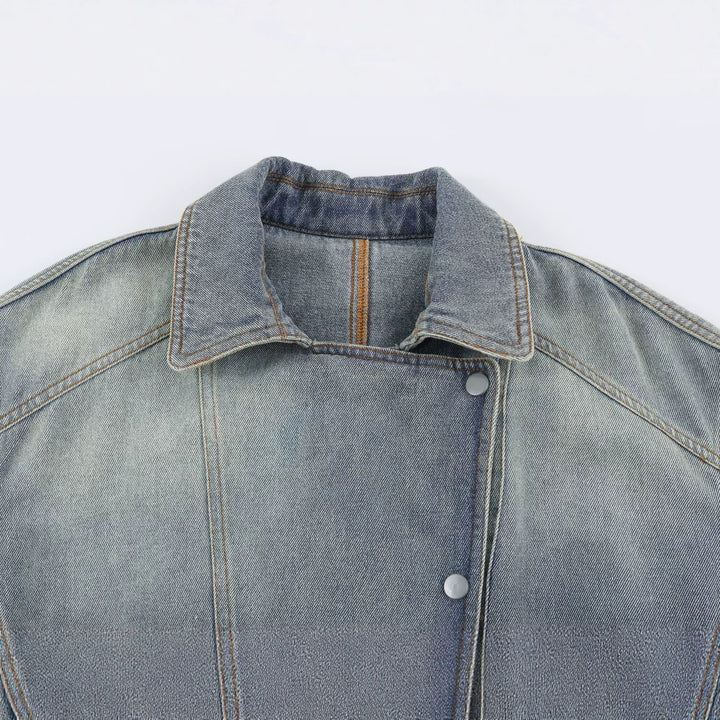 Women's denim jacket with belted waist and asymmetric snap button placket Mune Fashion