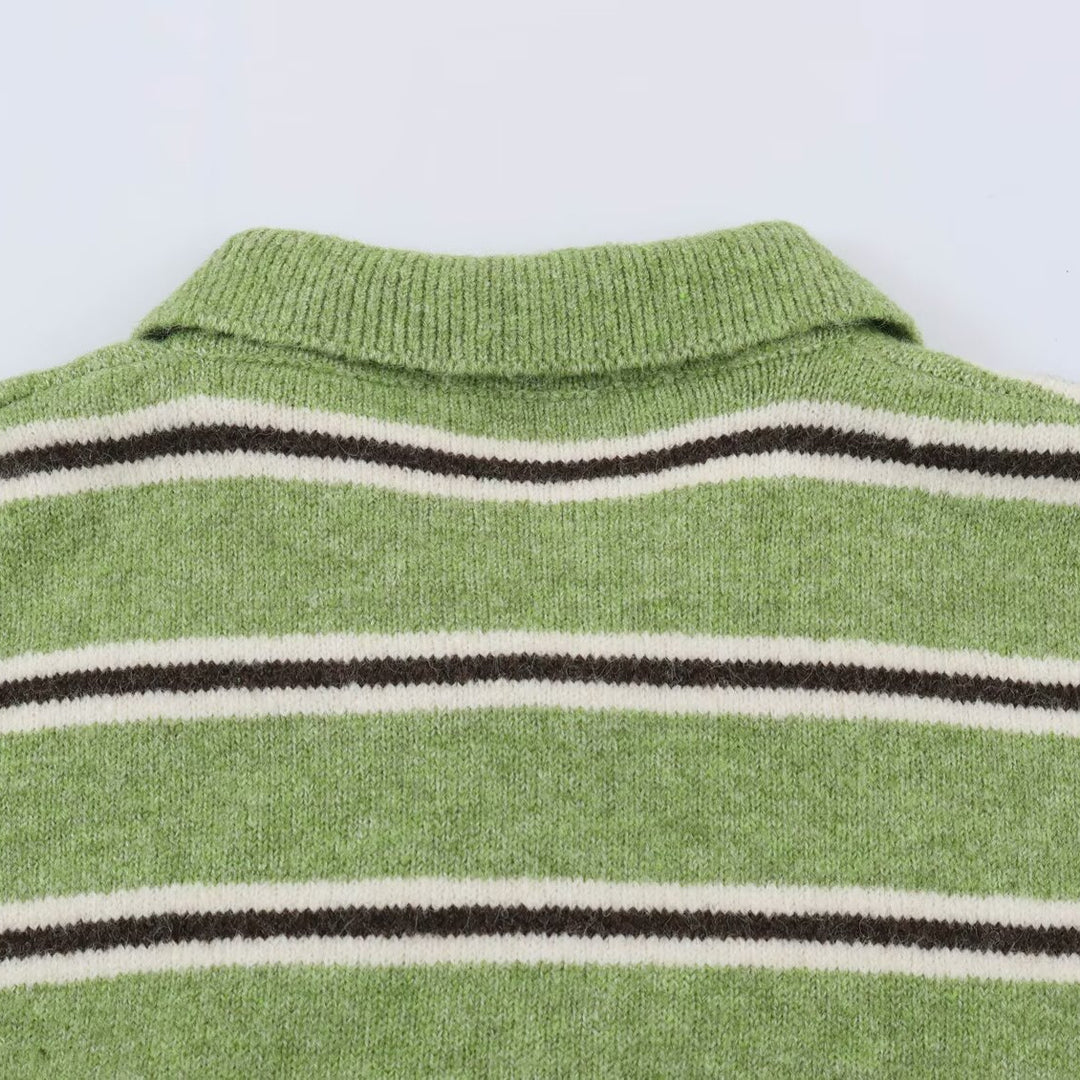 Women's Oversize Polo Sweater with Striped Pattern and Button Placket Mune Fashion