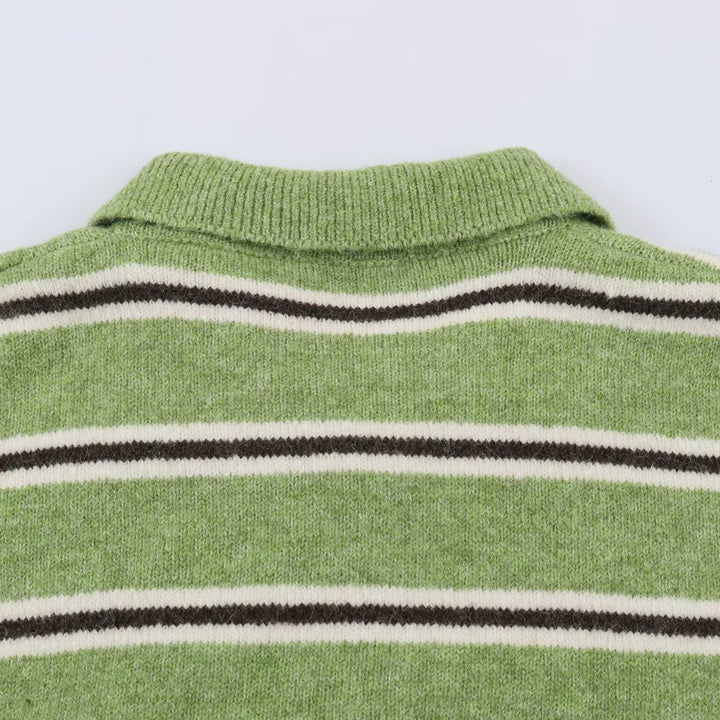 Women's Oversize Polo Sweater with Striped Pattern and Button Placket Mune Fashion