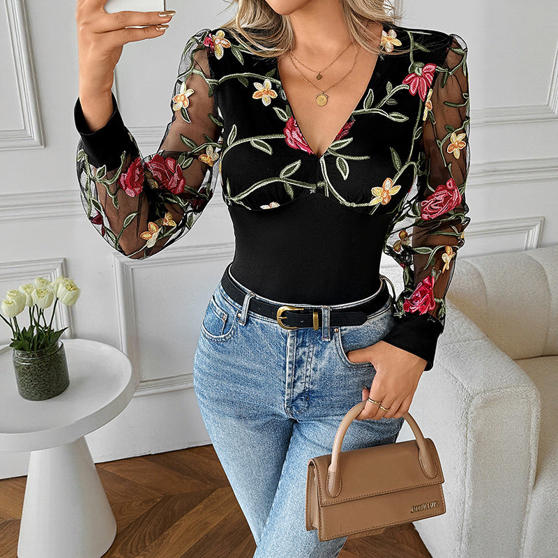 Women's Elegant Blouse with Floral Lace Sleeves Mune Fashion