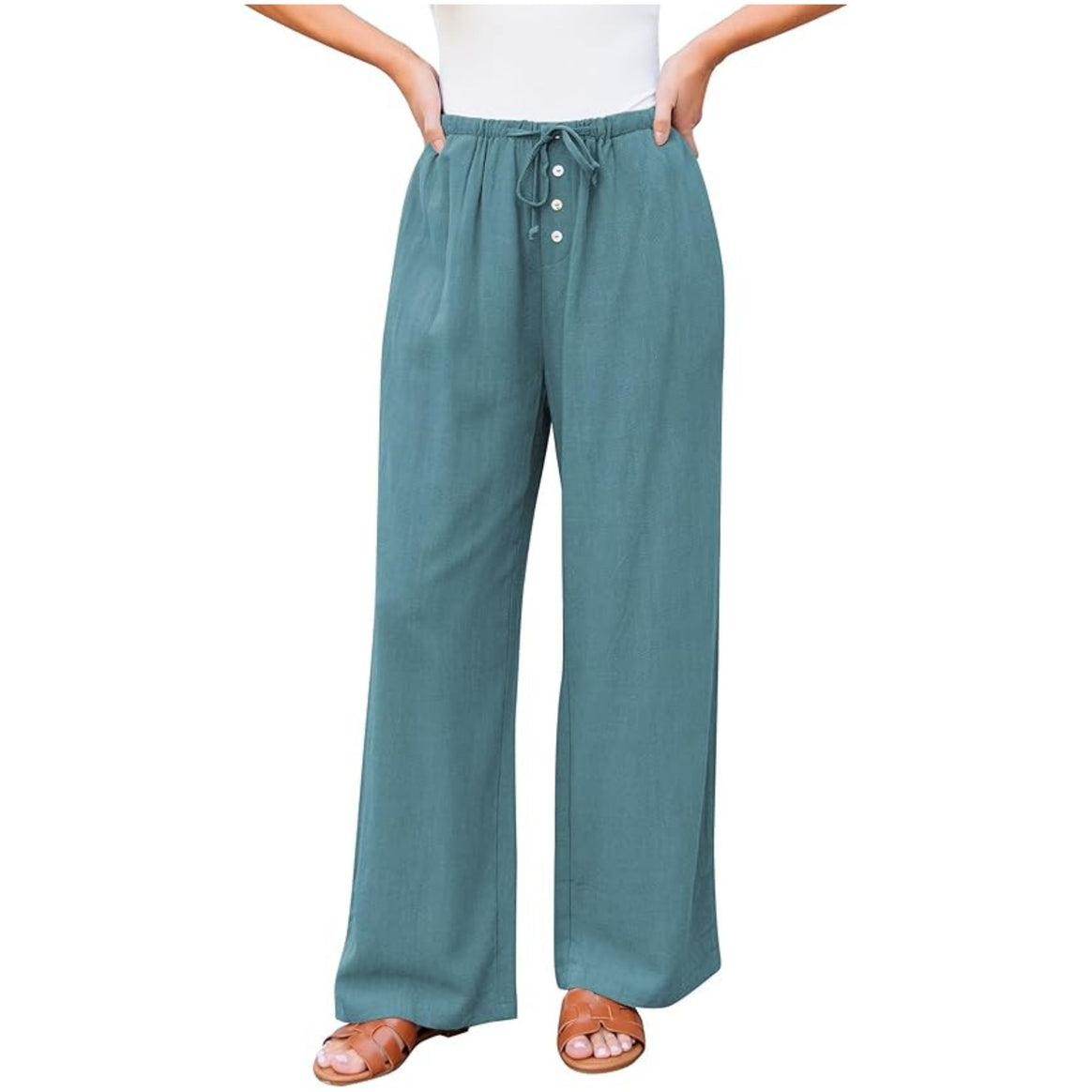 Women Linen-Look Pants with Wide Leg, Elastic Waist, Drawstring and Button Detail Mune Fashion
