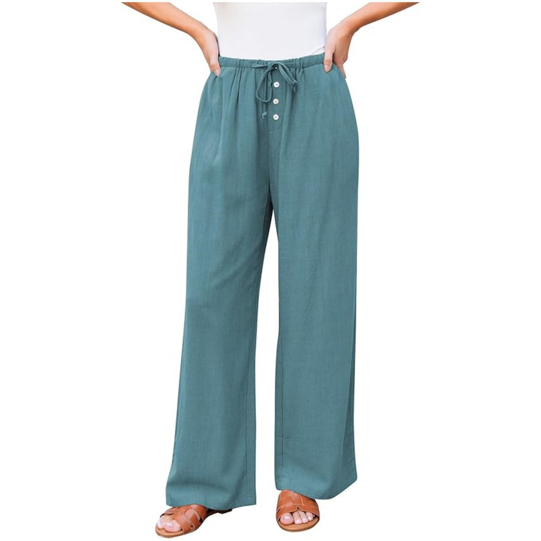 Women's wide linen pants with elastic waistband, drawstring, and button placket Mune Fashion