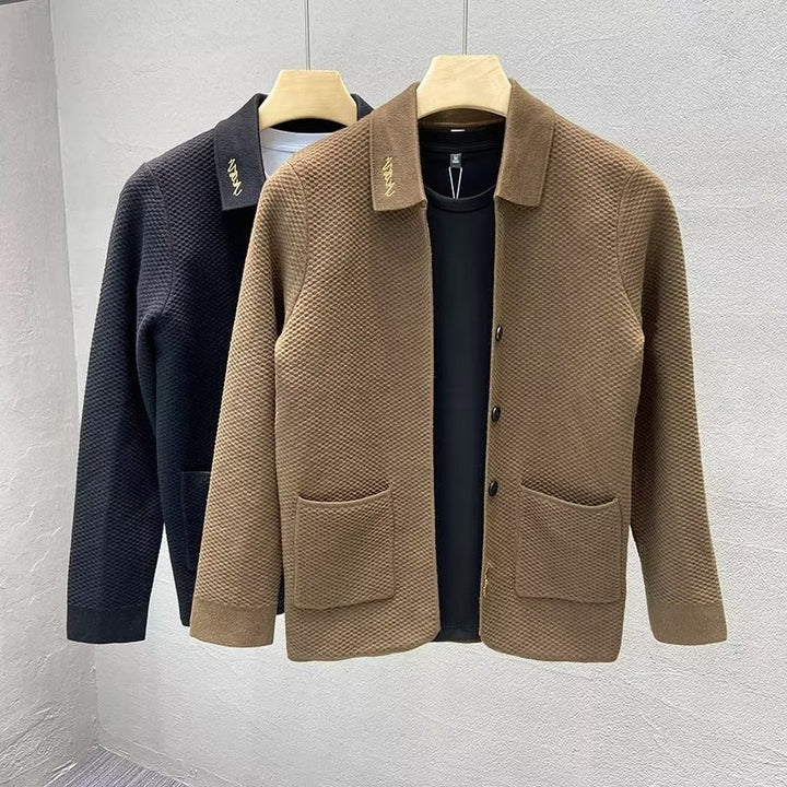 Men's Structured Knit Cardigan with Shirt Collar, Button Placket and Patch Pockets Mune Fashion