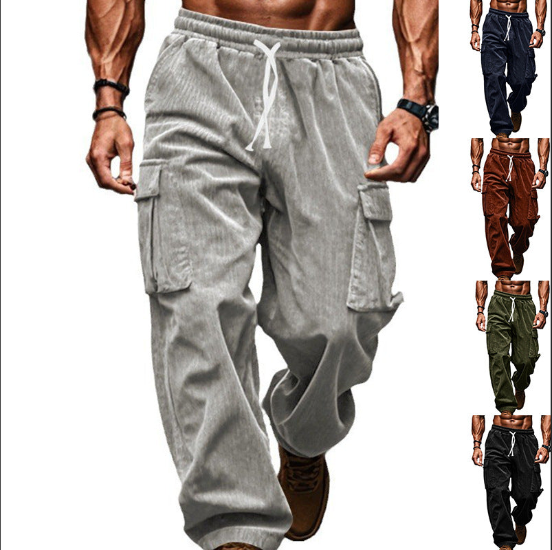 Men's loose corduroy cargo pants with elastic drawstring waistband, patch flap pockets, and relaxed silhouette Mune Fashion