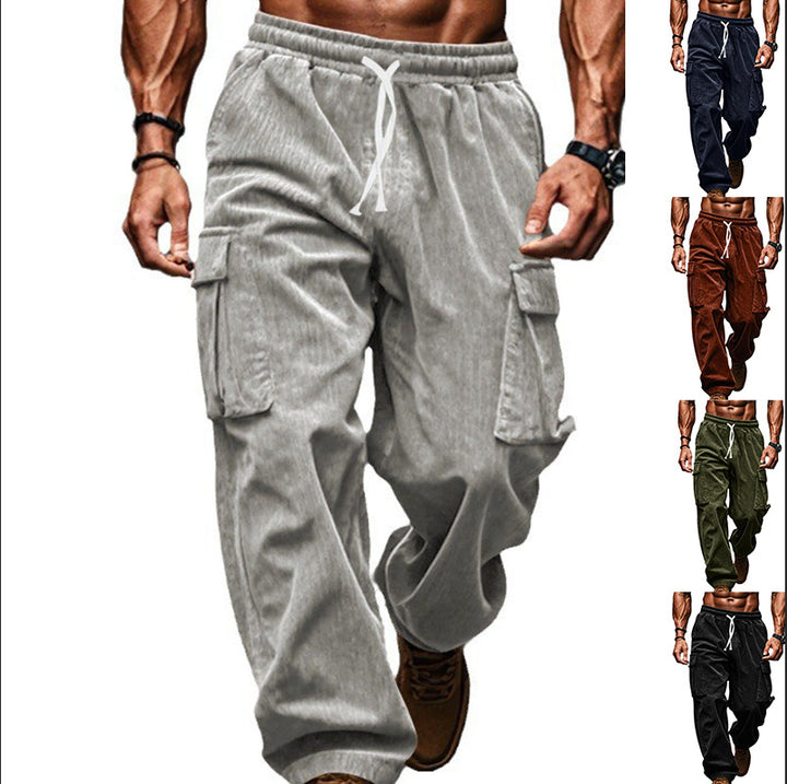Men's loose corduroy cargo pants with elastic drawstring waistband, patch flap pockets, and relaxed silhouette Mune Fashion