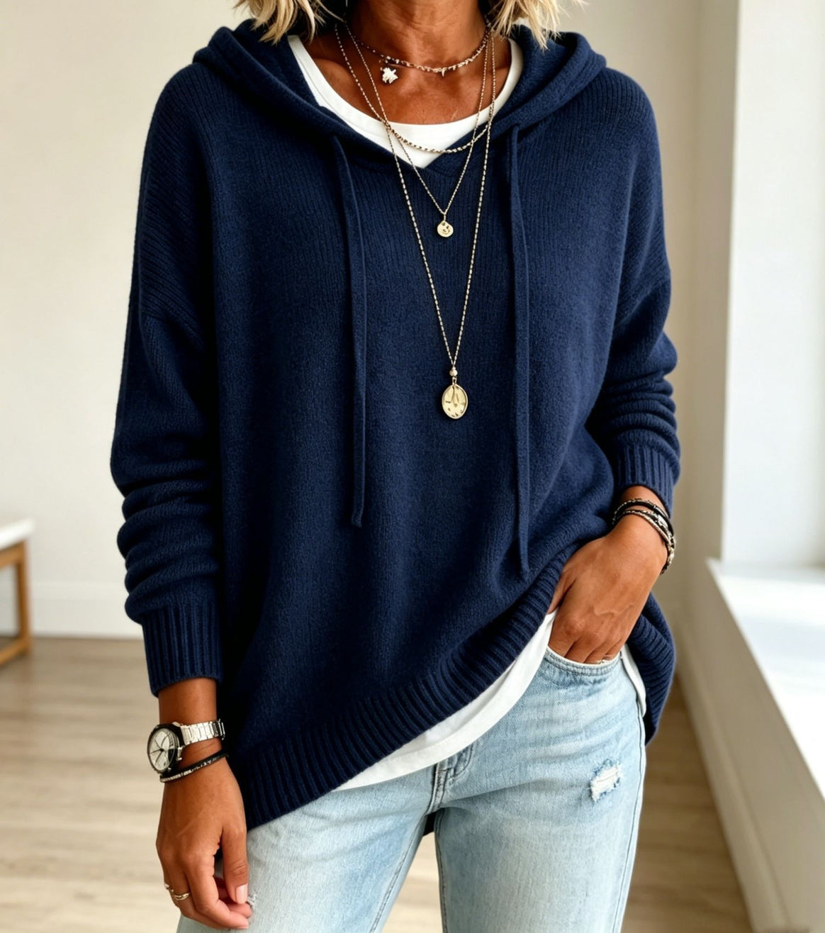 Women Oversize Hoodie Sweater made of fine knit with ribbed cuffs Mune Fashion
