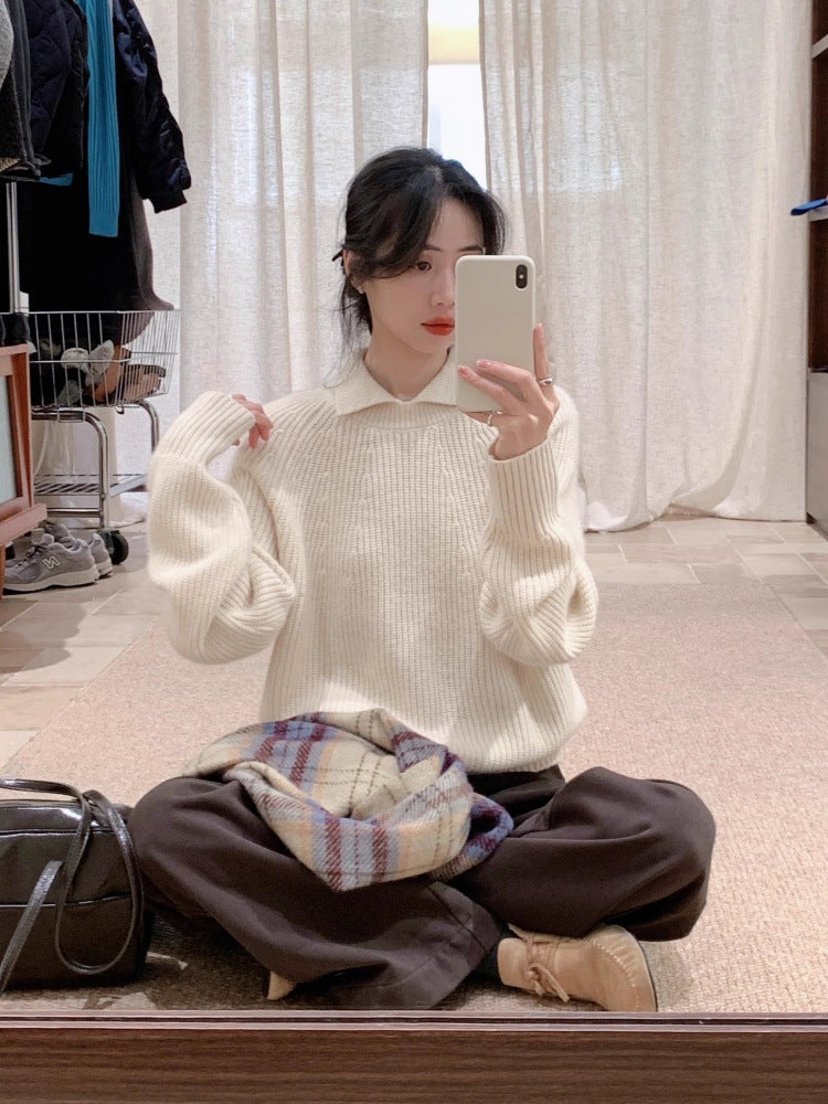 Women Oversize Polo Collar Fine Knit Sweater with Ribbed Hem and Cashmere-like Texture Mune Fashion