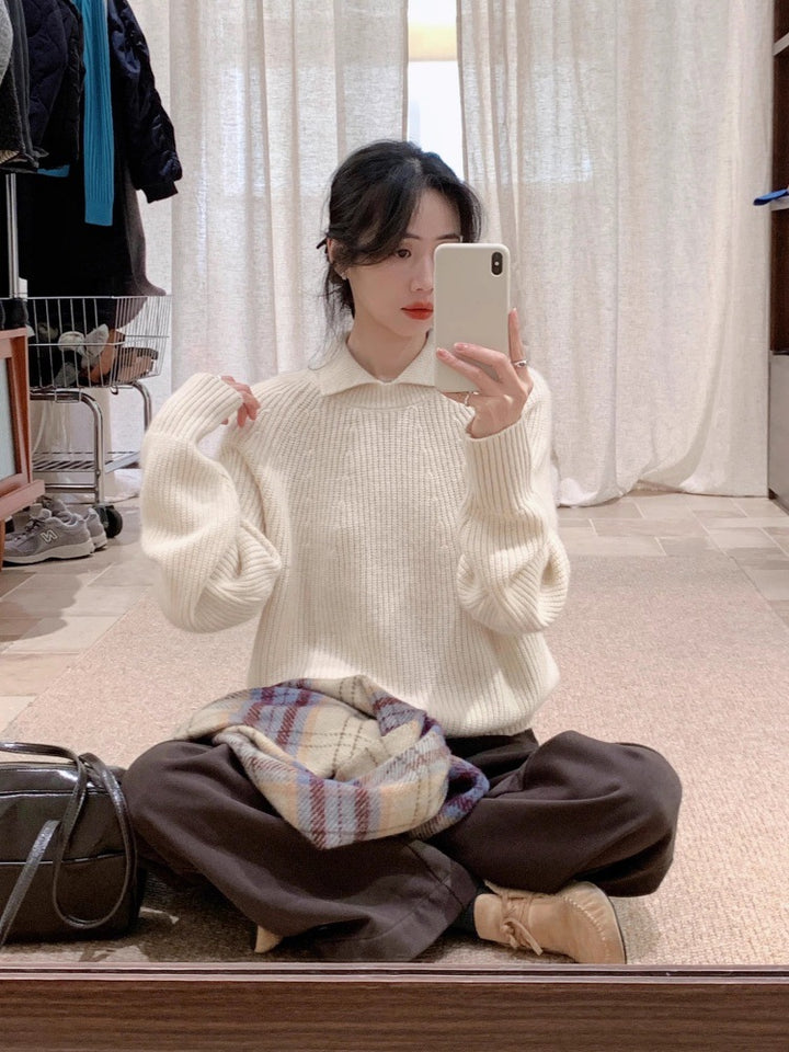 Women Oversize Polo Collar Fine Knit Sweater with Ribbed Hem and Cashmere-like Texture Mune Fashion