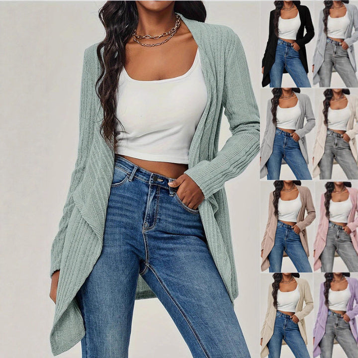 Ladies Open Ribbed Knit Cardigan with Waterfall Collar Mune Fashion