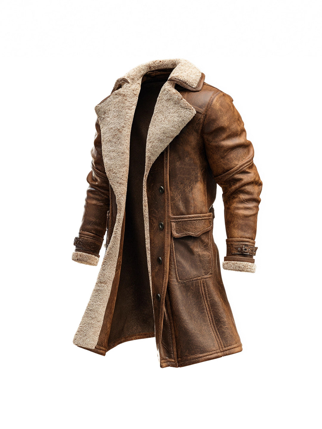 Men's longer vintage biker leather coat with full Sherpa lining, flap pockets, and adjustable buckle cuffs Mune Fashion