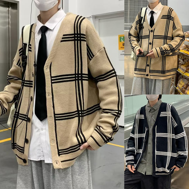 Men's Fashionable Chunky Knit Cardigan with Check Pattern Mune Fashion