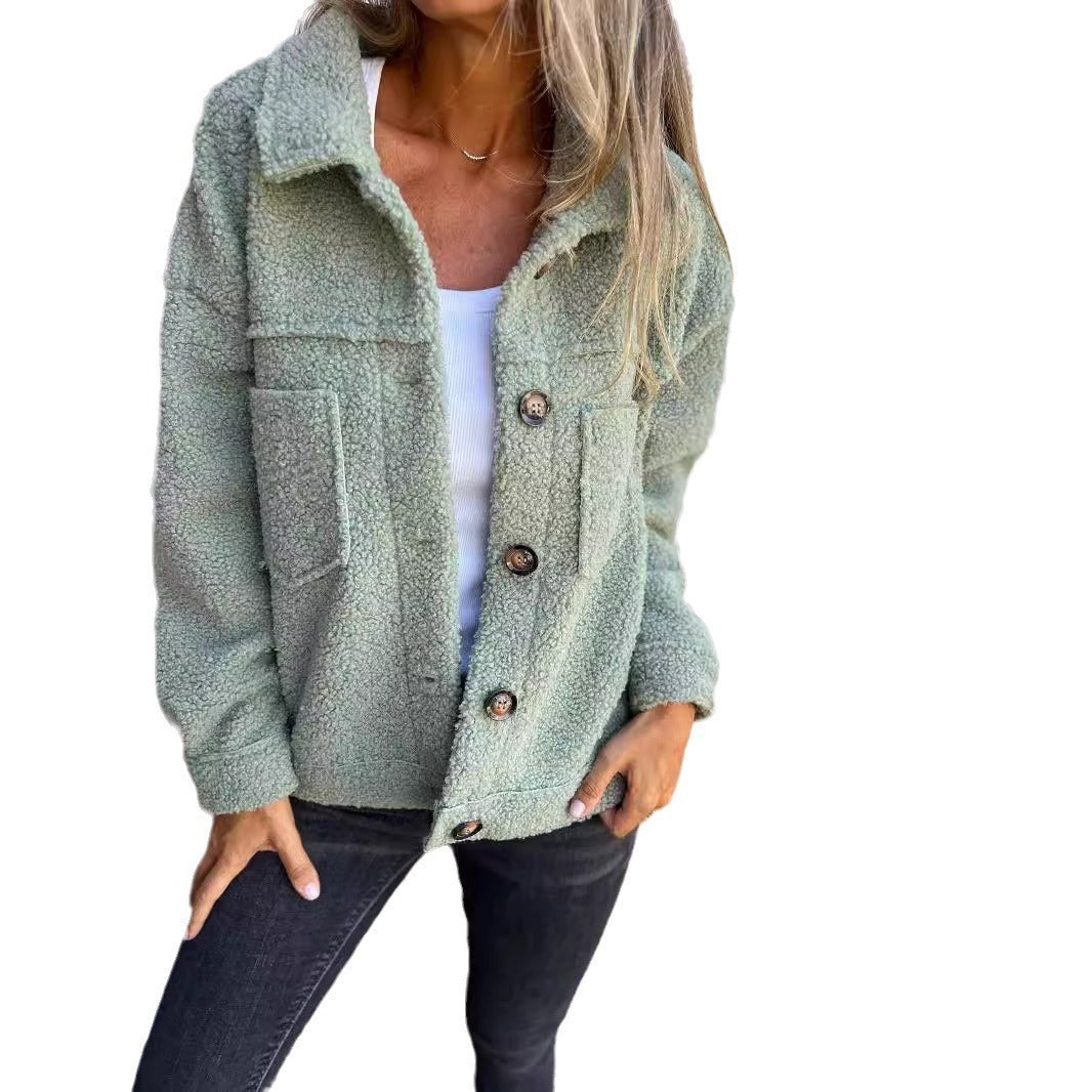 Ladies teddy jacket with large lapel collar, continuous button placket, and patch pockets Mune Fashion