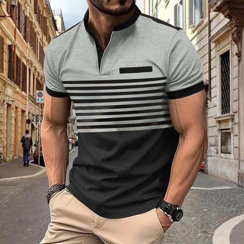 Men's short-sleeved Henley top with short button placket, chest piping, and block stripes Mune Fashion