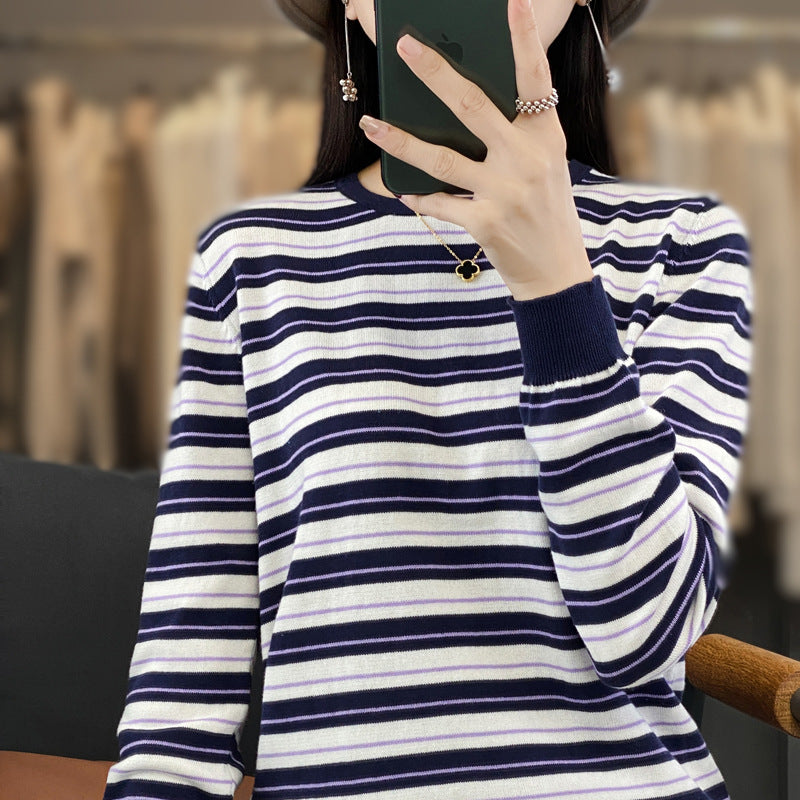 Women's Casual Stripe Fine Knit Sweater with Boxy Silhouette and Contrasting Ribbed Cuffs Mune Fashion