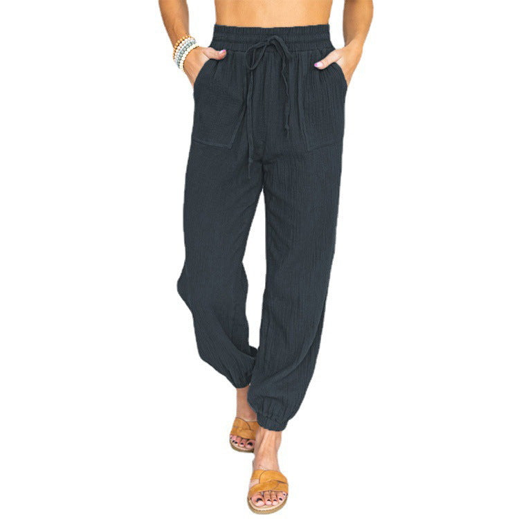 Women nan light linen look casual pants with high elastic waistband, drawstring, patched pockets and elastic ankle cuffs Mune Fashion