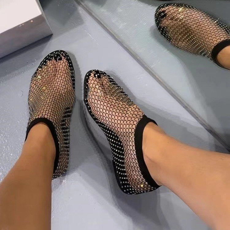 Women’s Mesh Booties with Rhinestone-Embellished Mesh Upper and Elastic Shaft
