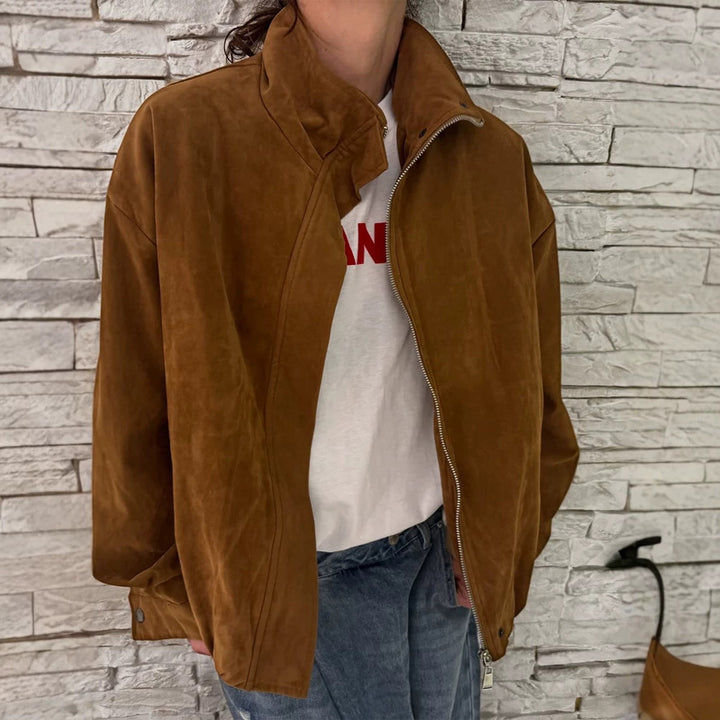 Women's Oversize Suede Blouson with High Standing Collar and Metal Zipper Mune Fashion