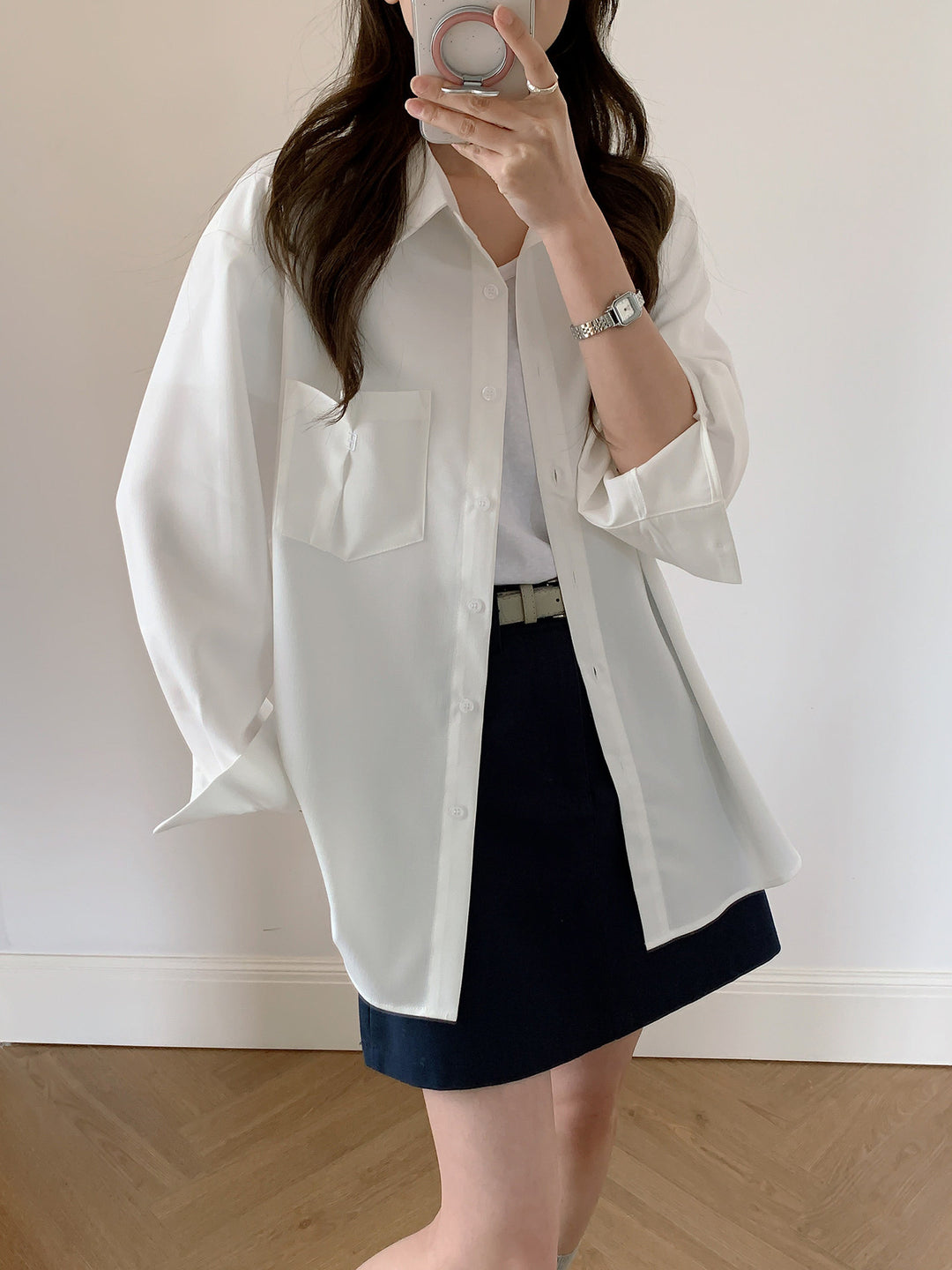 Women Oversized Shirt Blouse made of Flowing Material with Breast Pocket Mune Fashion