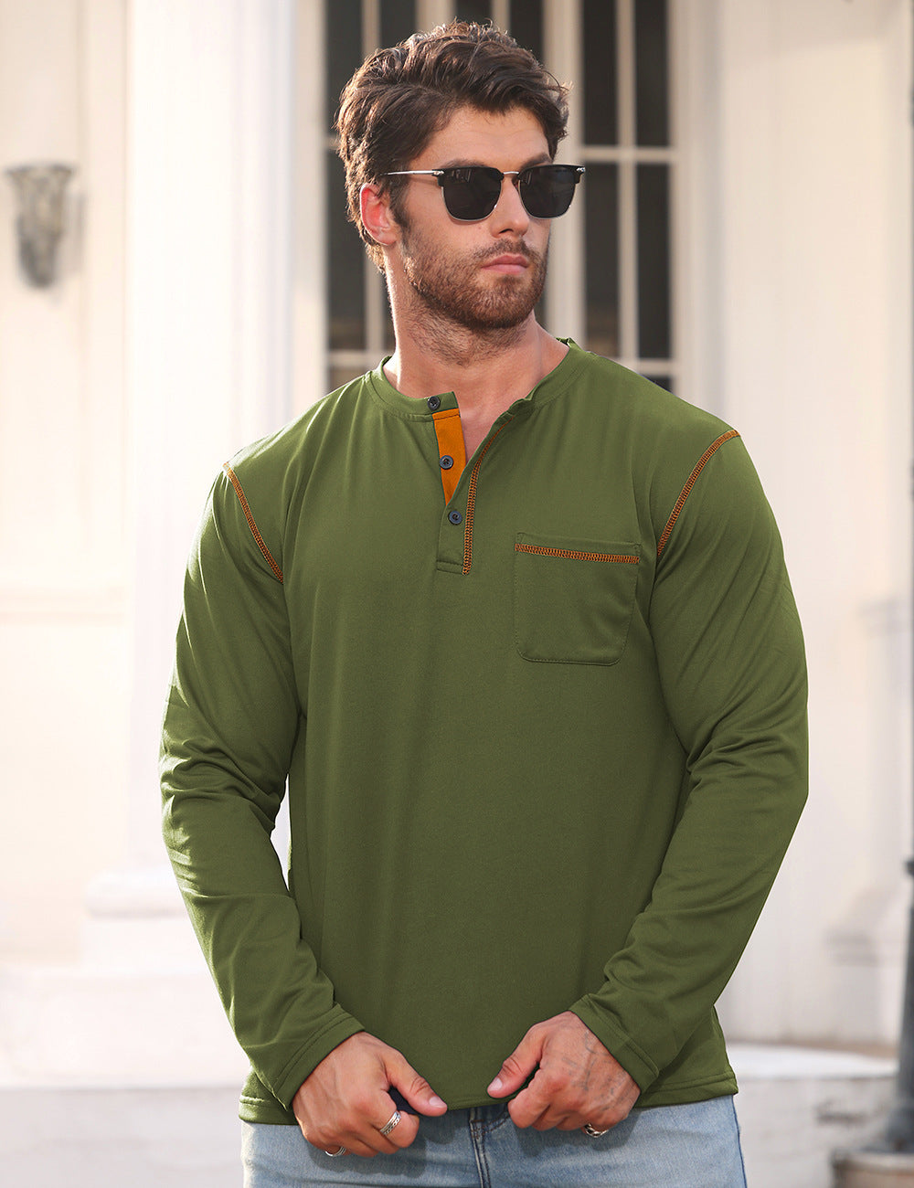 Men's Long Sleeve Shirt with Short Button Placket, Chest Pocket and Contrasting Decorative Stitching Mune Fashion