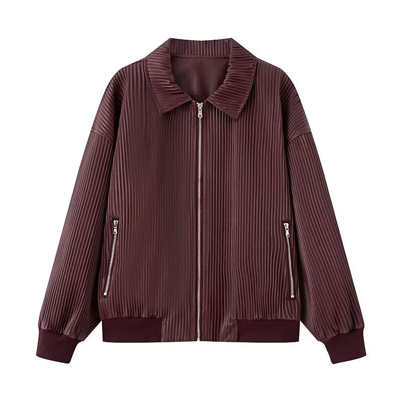 Women Pleated Bomber Jacket with fine vertical structure, metal zipper and elastic cuffs Mune Fashion