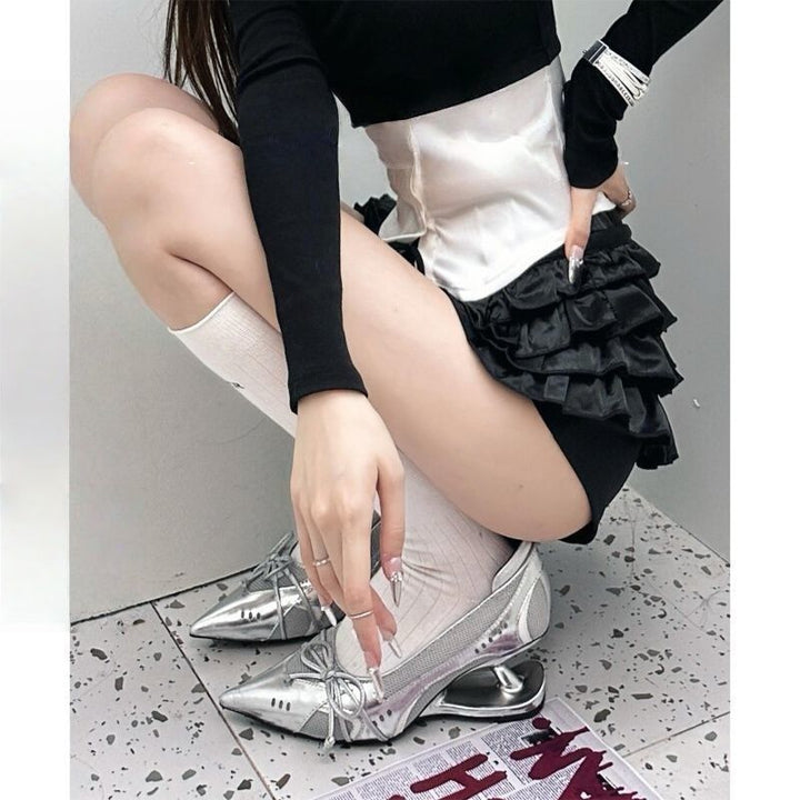 Women's pointed metallic slingback pumps with sculptural heel and bow accent Mune Fashion