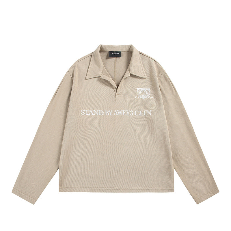 Unisex Long-Sleeve Rugby Polo with Open Kent Collar and Chest Print Mune Fashion