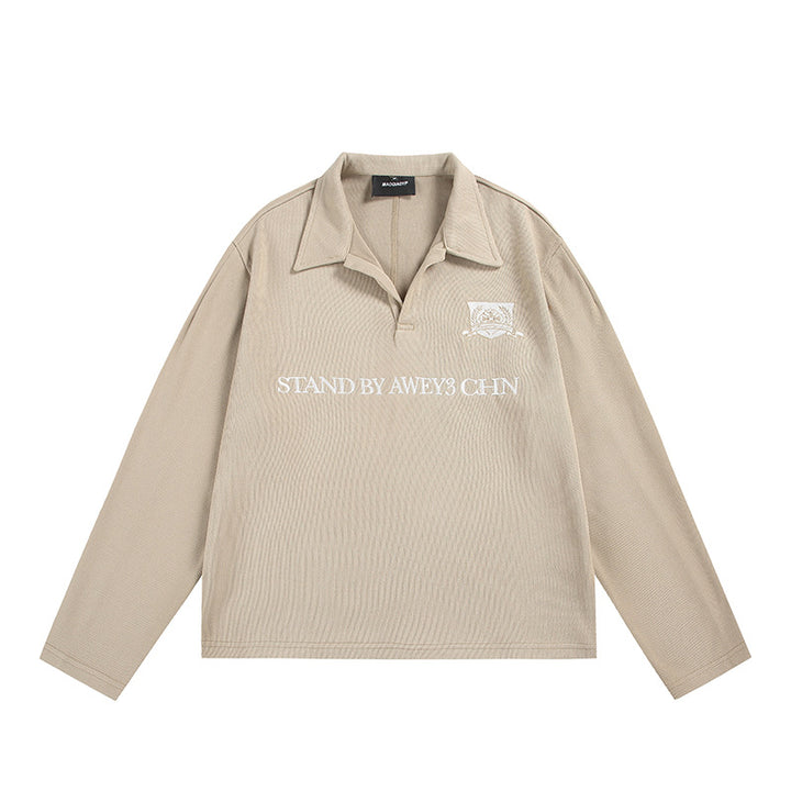 Unisex Long-Sleeve Rugby Polo with Open Kent Collar and Chest Print Mune Fashion