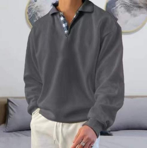 Men's casual long sleeve polo with open V-neck, shirt collar, and check inside placket Mune Fashion