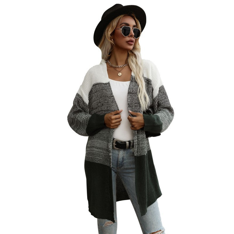 Women Longline Cardigan chunky knit with Colorblock and open front Mune Fashion