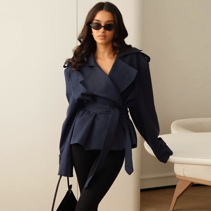 Women's Cropped Trench Coat with Double Button Placket, Waist Belt, and Shoulder Straps Mune Fashion