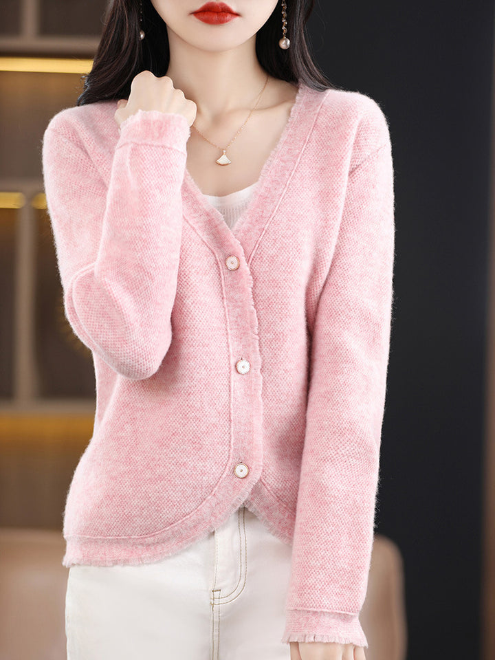 Women Short Cut V-Neck Cardigan with Fine Velvet and Pearly Buttons Mune Fashion