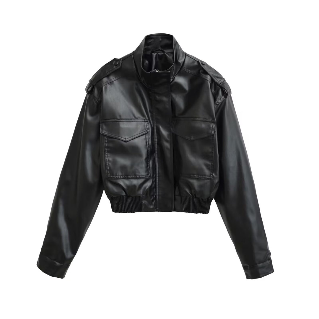 Women's Short PU Leather Bomber Jacket with High Stand-Up Collar, Flap Pockets and Shoulder Epaulettes Mune Fashion
