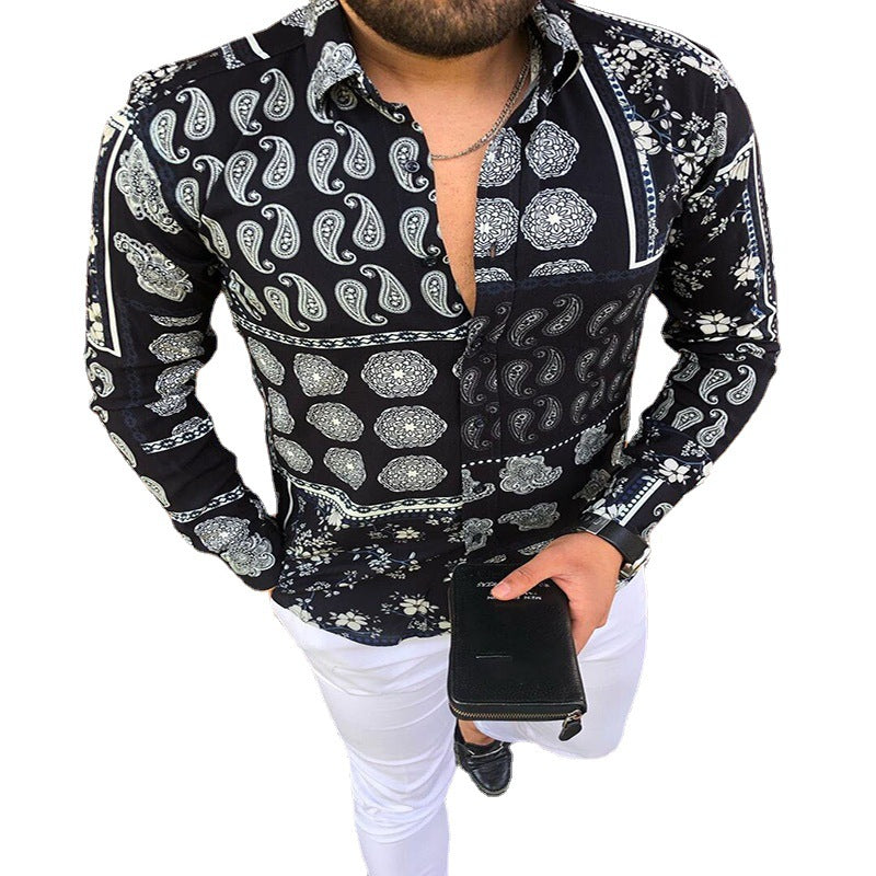 Men's Long Sleeve Patchwork Shirt with Paisley and Floral Print Mune Fashion