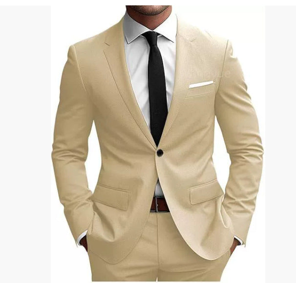 Men's fitted one-button suit set with notched lapels, French flap pockets, and slight stretch content Mune Fashion