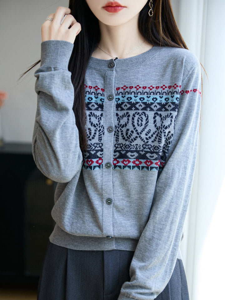Women's Lightweight Fine Knit Cardigan with Nordic Jacquard Pattern and Fine Button Placket Mune Fashion