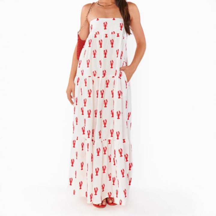 Women’s strapless tiered maxi dress with bandeau top loose A-line and maritime lobster print Mune Fashion