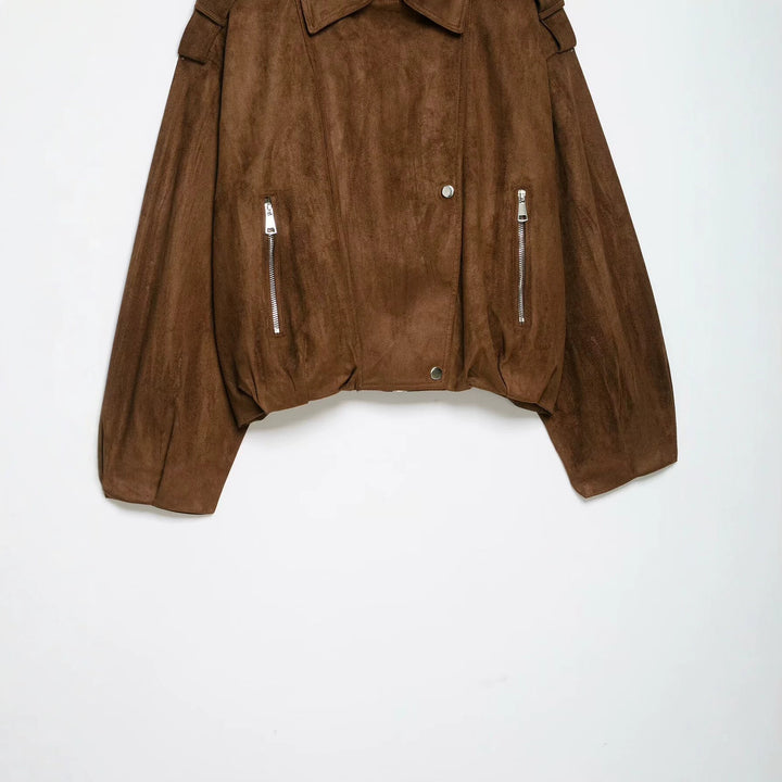Women's Short Cut Suede Biker Jacket with Shoulder Flaps Mune Fashion
