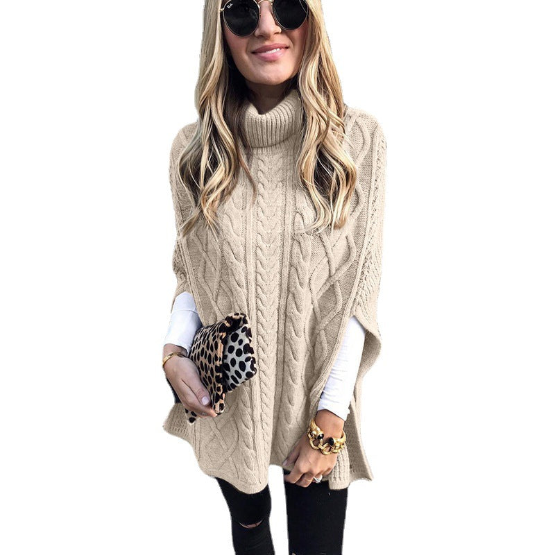 Ladies nan kastiger knit poncho with high turtleneck, cable structure and side slits Mune Fashion