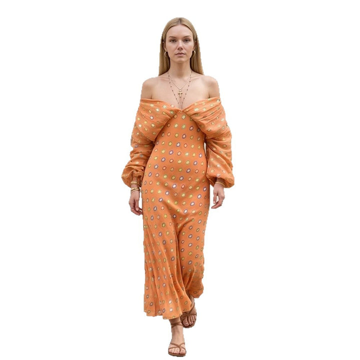 Women Elegant Off-Shoulder Maxi Dress with Twisted Front and Balloon Sleeves Mune Fashion