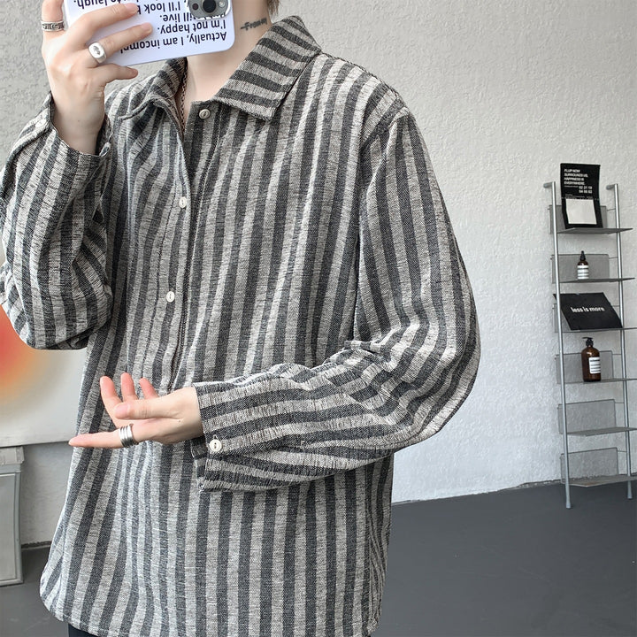 Men's Oversize Long Sleeve Shirt with Polo Collar, Striped Texture & Half Button Placket Mune Fashion
