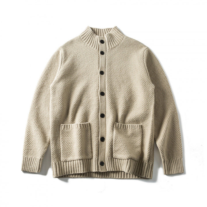 Unisex Structured Button Cardigan with Stand Collar and Patch Pockets Mune Fashion