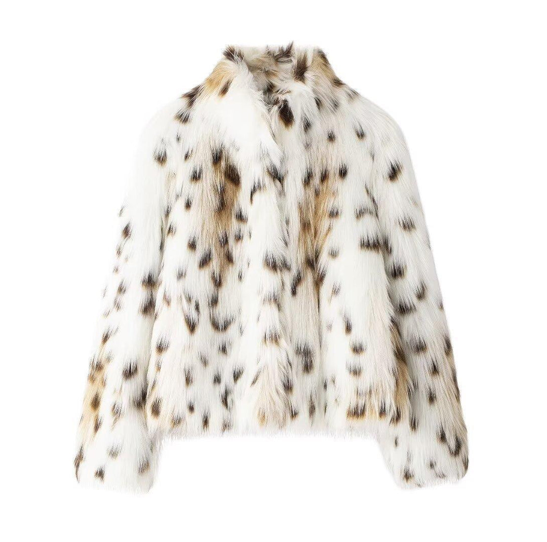 Women's Short Quilted Faux Fur Jacket with Leopard Spot Pattern and Stand-Up Collar Mune Fashion